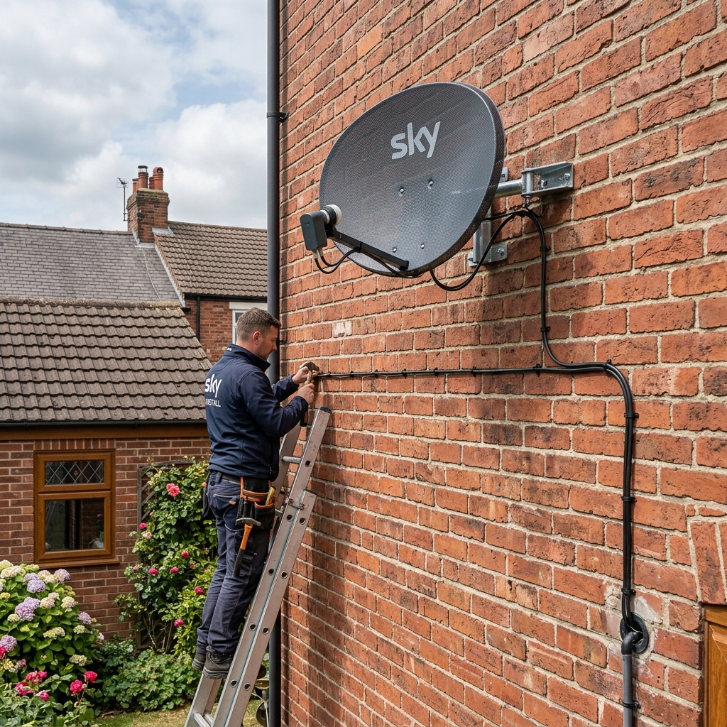 Professional satellite dish installation on a UK brick wall